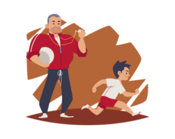 Sports school coach training child in running, flat vector illustration isolated. png