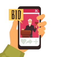 Hand holding smart phone with online auction app on it vector concept. png