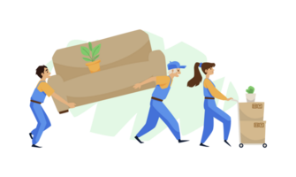 Moving and delivery company workers, flat vector illustration isolated. png
