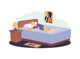 Young man reading a book lying in bed at cozy home cartoon vector illustration png