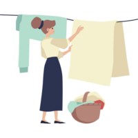 Woman hangs clothing on rope after laundry, flat illustration isolated. png