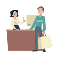 Store cashier at cash register and buyer, flat illustration isolated. png