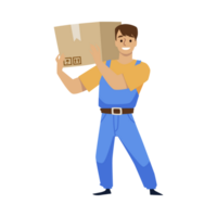 Smiling mover hold carton box on his shoulder. Warehouse worker deliver package cargo, cartoon vector illustration. png