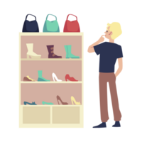 White male standing at shoes shop before shoe rack with woman's shoes, bags and boots. png