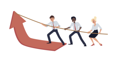 Teamwork pulling up red arrow raising profit cartoon vector concept. png