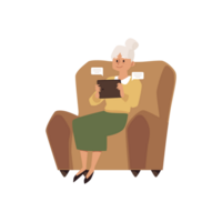 Elderly woman sitting at chair using tablet, flat illustration. png