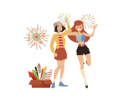 Young girls enjoy fireworks flat illustration isolated png