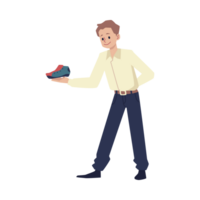 Salesman in shoe store offers sneakers for fitting - flat illustration isolated . png