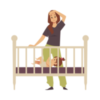 Tired woman in postpartum depression near baby bed, flat illustration. png
