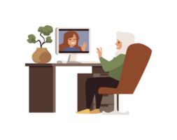 anziano donna comunica utilizzando computer piatto illustrazione isolato. png