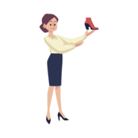 Woman choosing new pair of shoes, flat cartoon illustration isolated. png