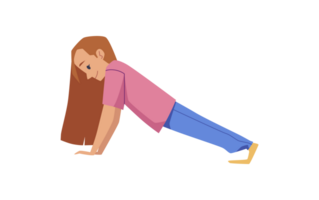 School girl doing plank exercise or pushups, flat vector illustration isolated. png