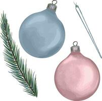 Christmas glass balls and spruce branch digital watercolor style illustration isolated on white. Set of New year decoration, conifer tree hand drawn. Design for invitation, holiday card, print vector