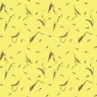 Wheat ear, barley watercolor seamless pattern on yellow background. Spikelet of rye, malt stalk hand drawn. Design element for textile, wrapping, packaging, label grocery, bakery, paper vector