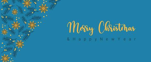 Merry Christmas banner, blue card with fir branches and anise stars and berries. vector