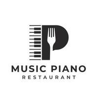 Letter P Logo piano instrument or playing music. with a fork kitchen utensil. two black variations on an isolated white background. applies to restaurant logo applications vector