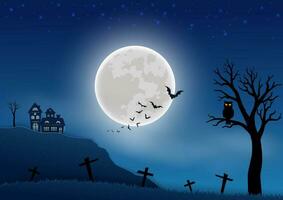 contento Víspera de Todos los Santos celebrar tema en noche escena antecedentes con cementerio y obsesionado casa en lleno Luna noche vector