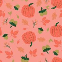 Autumn seamless pattern with pumpkins, leaves and acorns. Vector graphics.