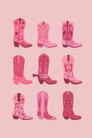 Set of pink trendy cowgirl boots. Vector graphics.