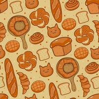 Seamless pattern with cute pastries. Bread, buns, baguettes,croissants. Vector graphics.