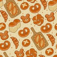 Seamless pattern with cute baked goods. Bread, buns, croissants, bagels. Vector graphics.