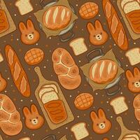 Seamless pattern with cute pastries. Bread, buns, baguettes. Vector graphics.