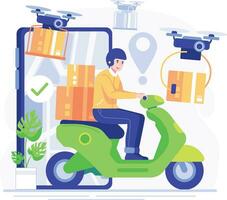 Delivery service concept vector illustration in flat style. Man riding scooter with boxes and drone. For shipping, modern technology, artificial intelligence technology concept.