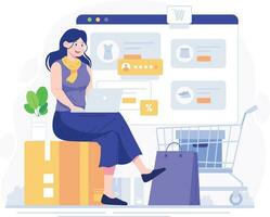 en línea compras concepto. joven mujer con ordenador portátil y compras carro. en línea compras en sitio web o móvil aplicación orden bienes y obtener ellos rápido y fácil. vector ilustración.