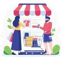 Shopping online concept vector illustration. Cartoon flat tiny people man and woman with shopping cart and smartphone. E-commerce and delivery concept. Vector illustration.