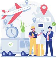 Delivery service concept vector illustration. Cartoon flat man in uniform and helmet, courier man with digital tablet and carton boxes, truck, airplane and map on background.