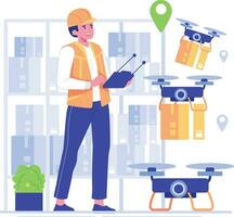 Delivery man with drone and cardboard boxes. Vector illustration in flat style. Delivery service concept style. For shipping, modern technology, artificial intelligence technology concept.