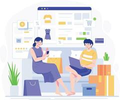 Online shopping concept. Vector illustration in a flat style. Man and woman sit on the sofa and use a smartphone. Order goods and get them fast and easy. Vector illustration.