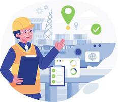 Engineer at construction site vector illustration. Cartoon man in helmet and workwear standing near ship and holding blueprint. shipping, modern technology