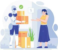 Courier and robot vector illustration. Delivery service concept style. Robots with e-commerce. For shipping, modern technology, artificial intelligence technology concept.