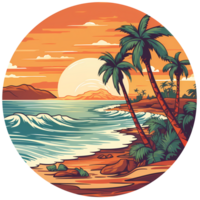 Beach illustration round sticker artwork png