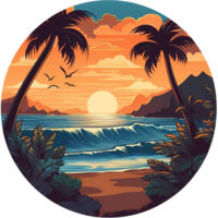 Beach illustration round sticker artwork png