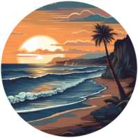 Beach illustration round sticker artwork png