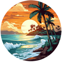 Beach illustration round sticker artwork png