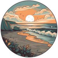 Beach illustration round sticker artwork png