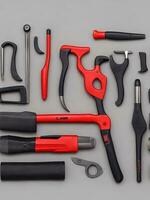 Set of construction tools on grey background. Top view with copy space with Generative AI photo