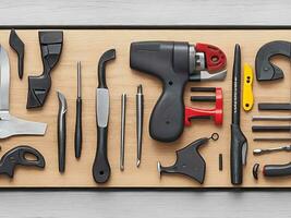 Variety of tools on wooden background. Top view, flat lay with Generative AI photo