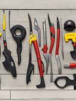 Set of construction tools on wooden background, top view, copy space with Generative AI photo