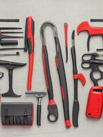 Assorted construction tools on grey background. Top view with copy space with Generative AI photo