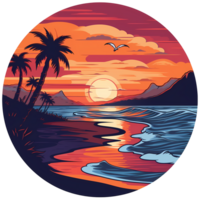 Beach illustration round sticker artwork png