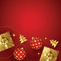 Christmas background with shining stars, confetti, garland and colorful balls. New year and Christmas vector card illustration on red background