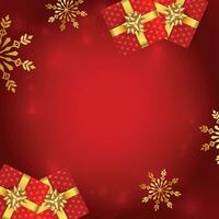 Christmas background with shining stars, confetti, garland and colorful balls. New year and Christmas vector card illustration on red background