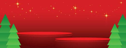 Merry Christmas banner with product display cylindrical shape and christmas tree paper cut style vector