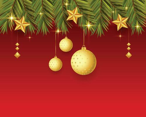 Christmas background with shining stars, confetti, garland and colorful balls. New year and Christmas vector card illustration on red background
