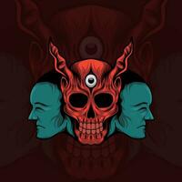 illustration of a skull with horns and two faces on each side vector