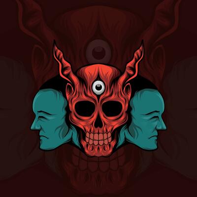 illustration of a skull with horns and two faces on each side
